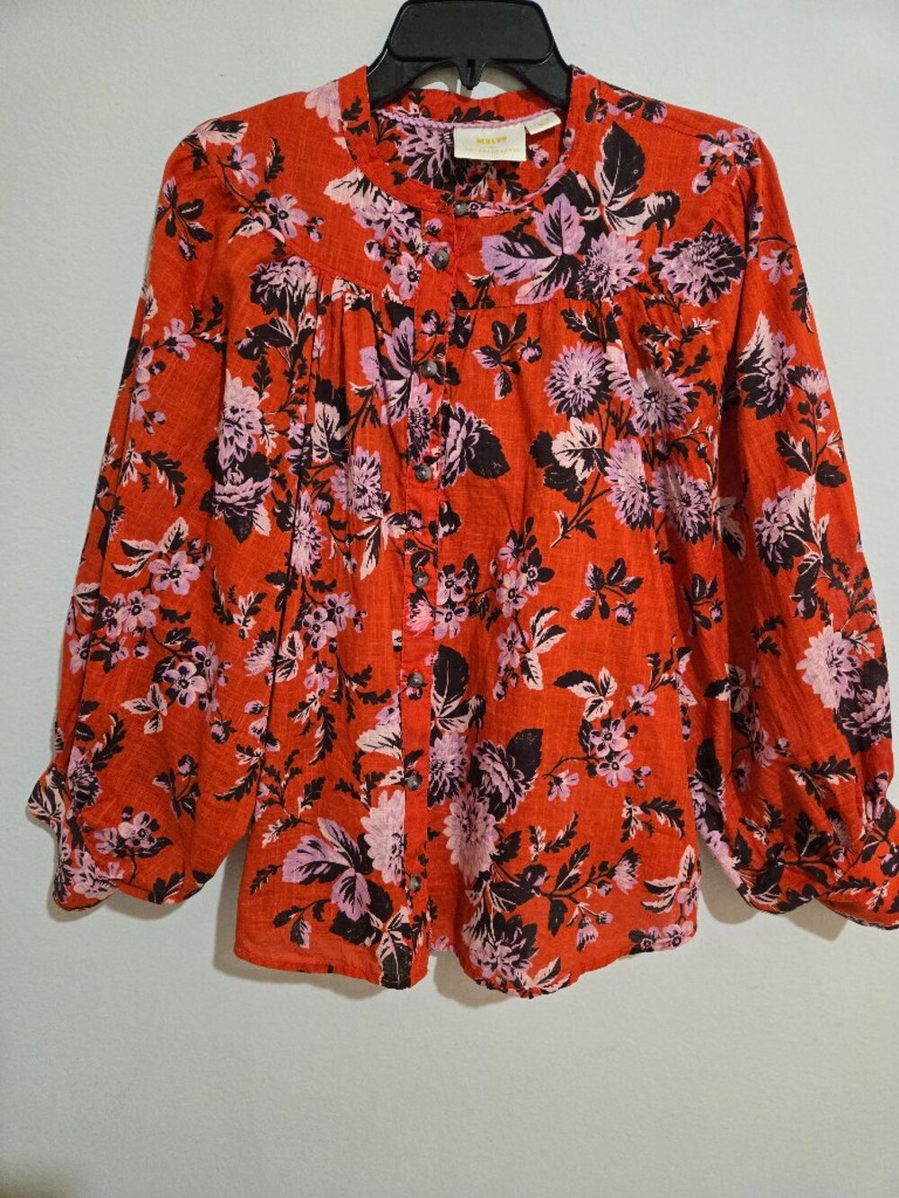 Maeve Anthropologie Red Orange Floral Pintucked Button-Down Boho blouse sz Large